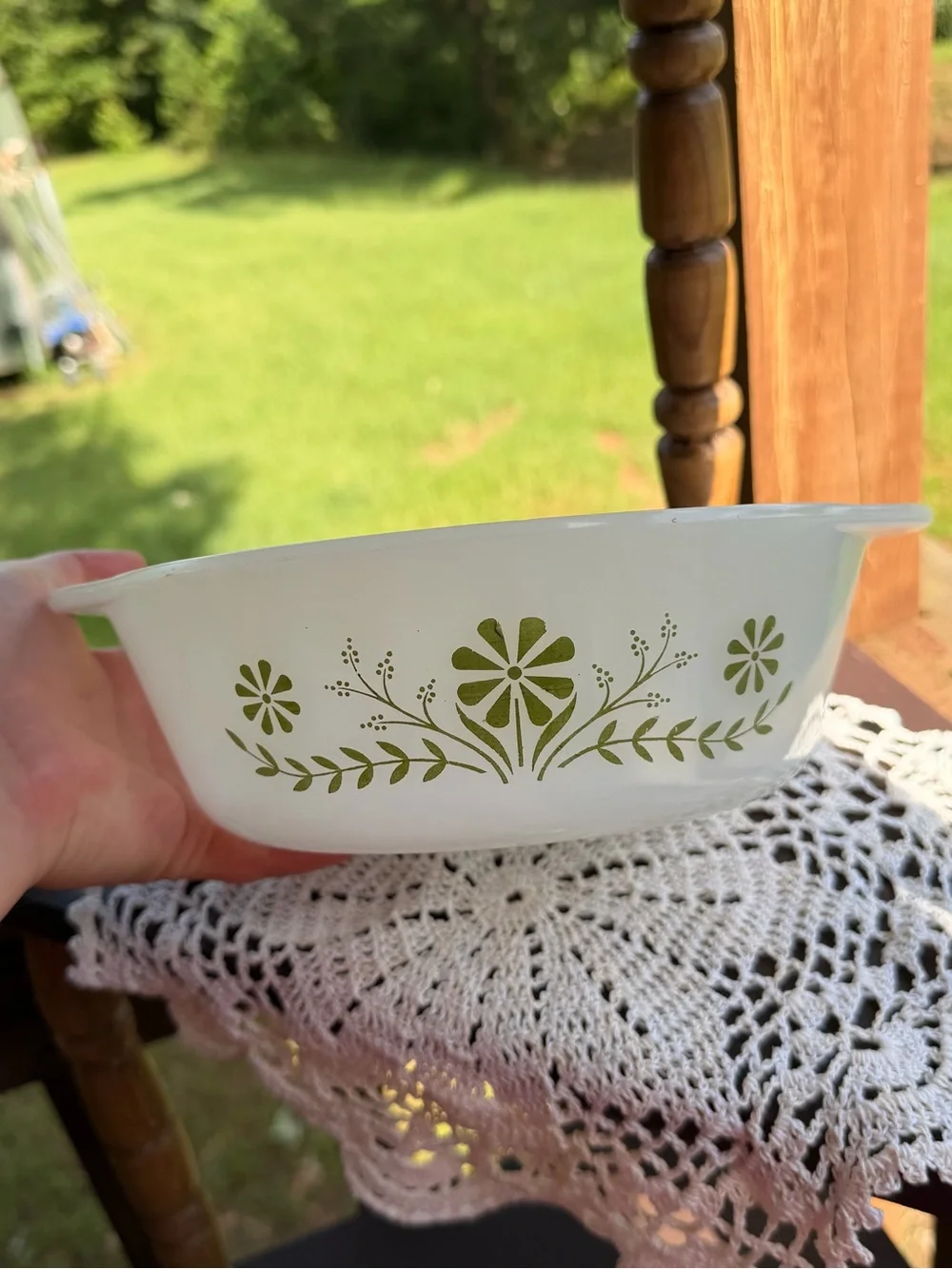 Glasbake Casserole Dish with Green Daisy Pattern
